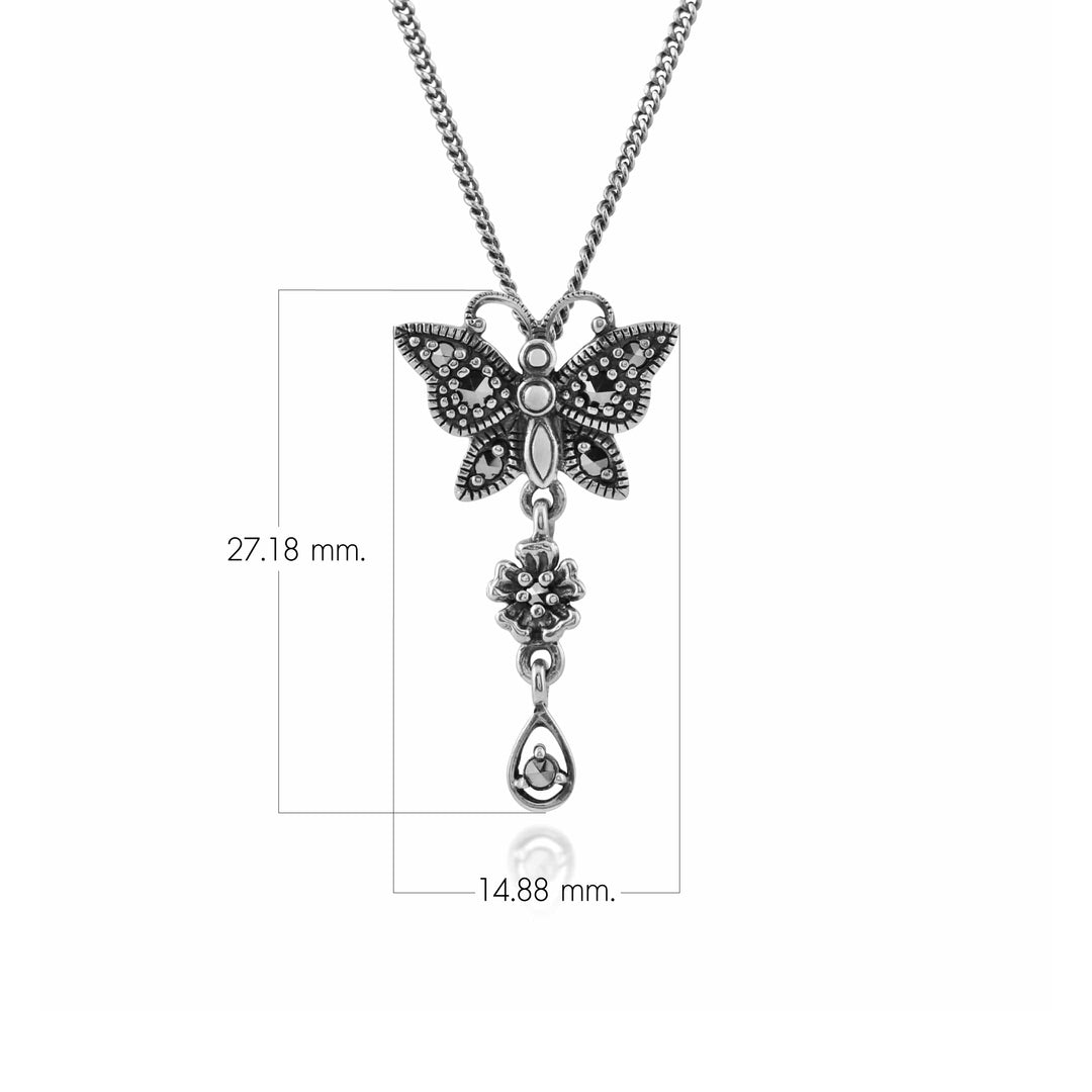 Art Nouveau Style Round Marcasite Butterfly Pendant in 925 Sterling Silver