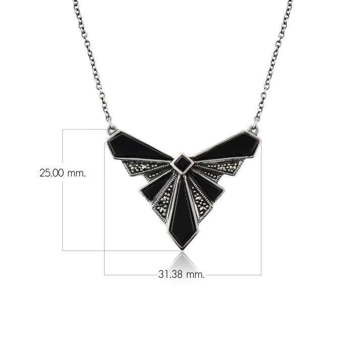 Art Deco Style Black Onyx Cabochon & Marcasite Necklace in 925 Sterling Silver