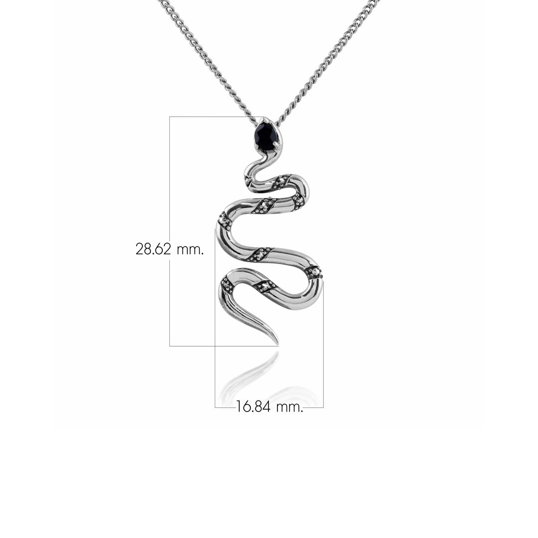 Art Deco Style Pear Black Spinel & Marcasite Snake Necklace in 925 Sterling Silver