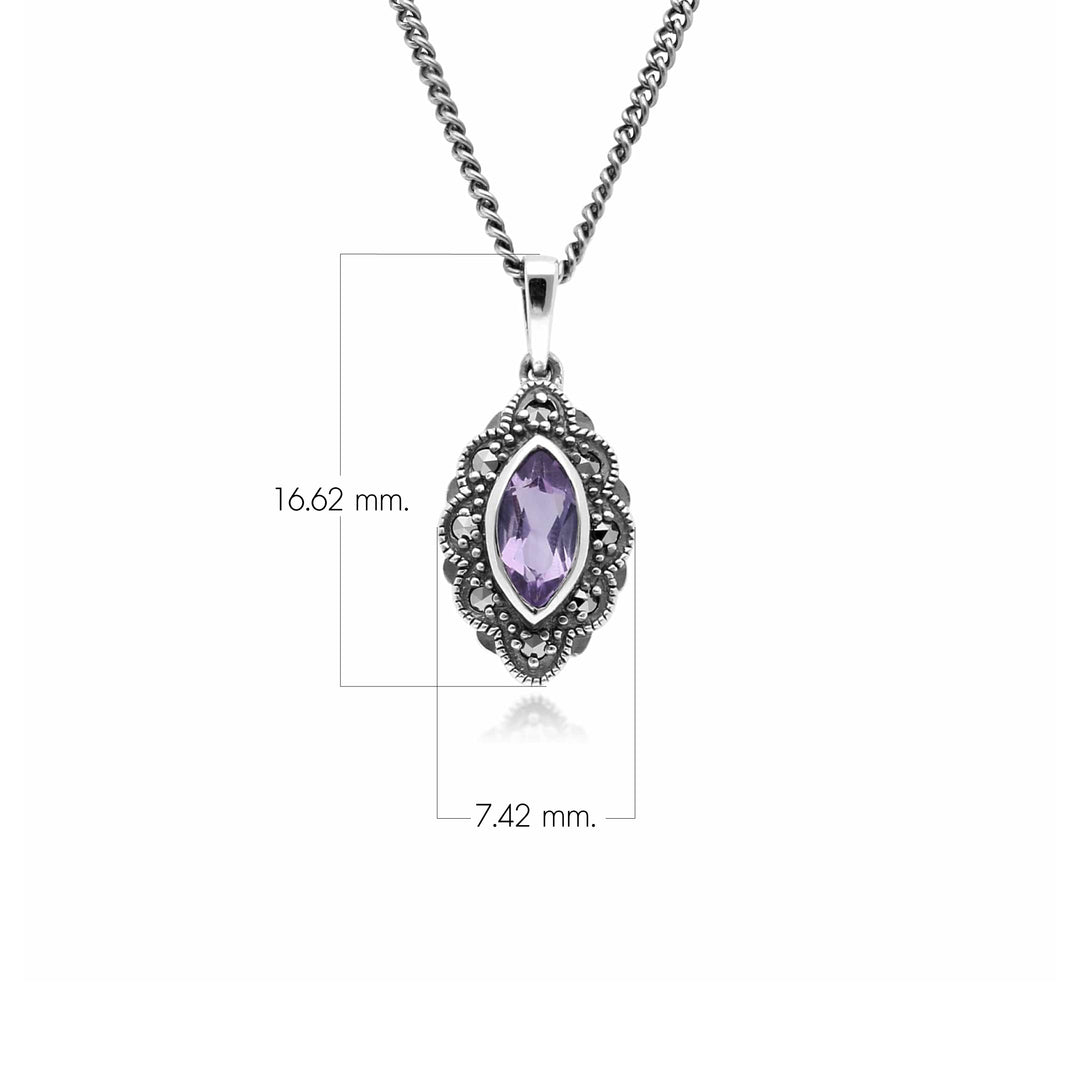 Art Deco Style Marquise Amethyst & Marcasite Pendant in 925 Sterling Silver