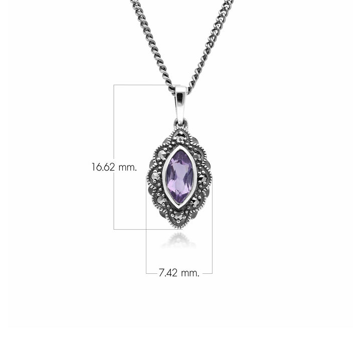 Art Deco Style Marquise Amethyst & Marcasite Pendant in 925 Sterling Silver