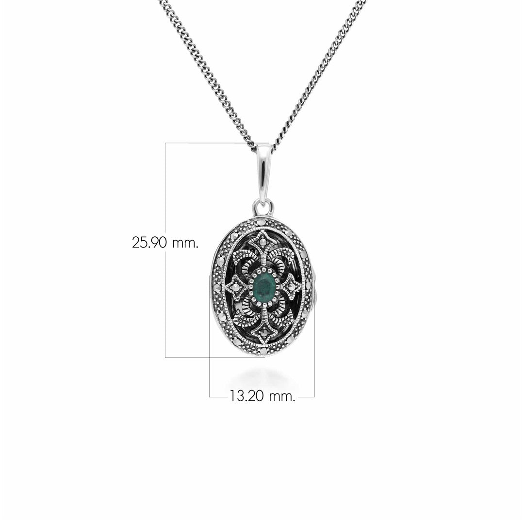 Art Nouveau Style Oval Emerald & Marcasite Locket Necklace in 925 Sterling Silver