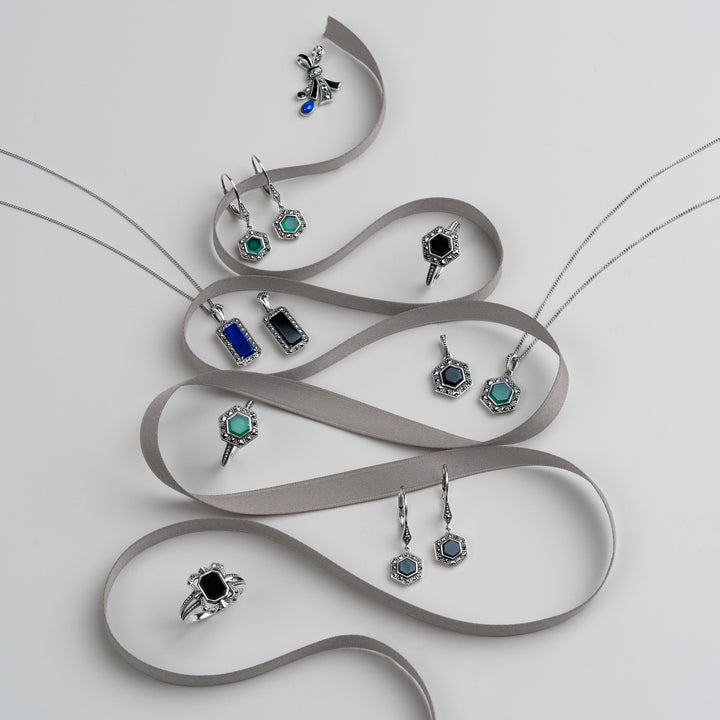 Art Deco Style Hexagon Chalcedony and Marcasite Drop Earrings in Sterling Silver