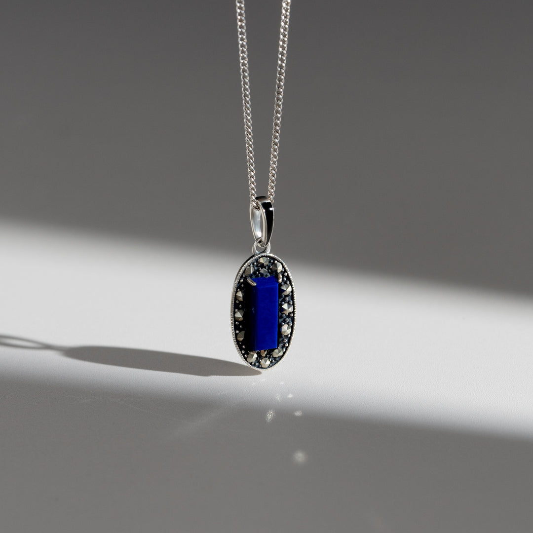 Art Deco Style Oval Onyx and Marcasite Pendant Necklace in Sterling Silver