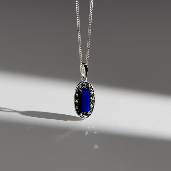 Art Deco Style Oval Onyx and Marcasite Pendant Necklace in Sterling Silver