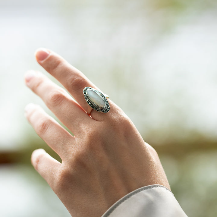 Art Deco Style Mother of Pearl Cabochon & Marcasite Ring in 925 Sterling Silver 