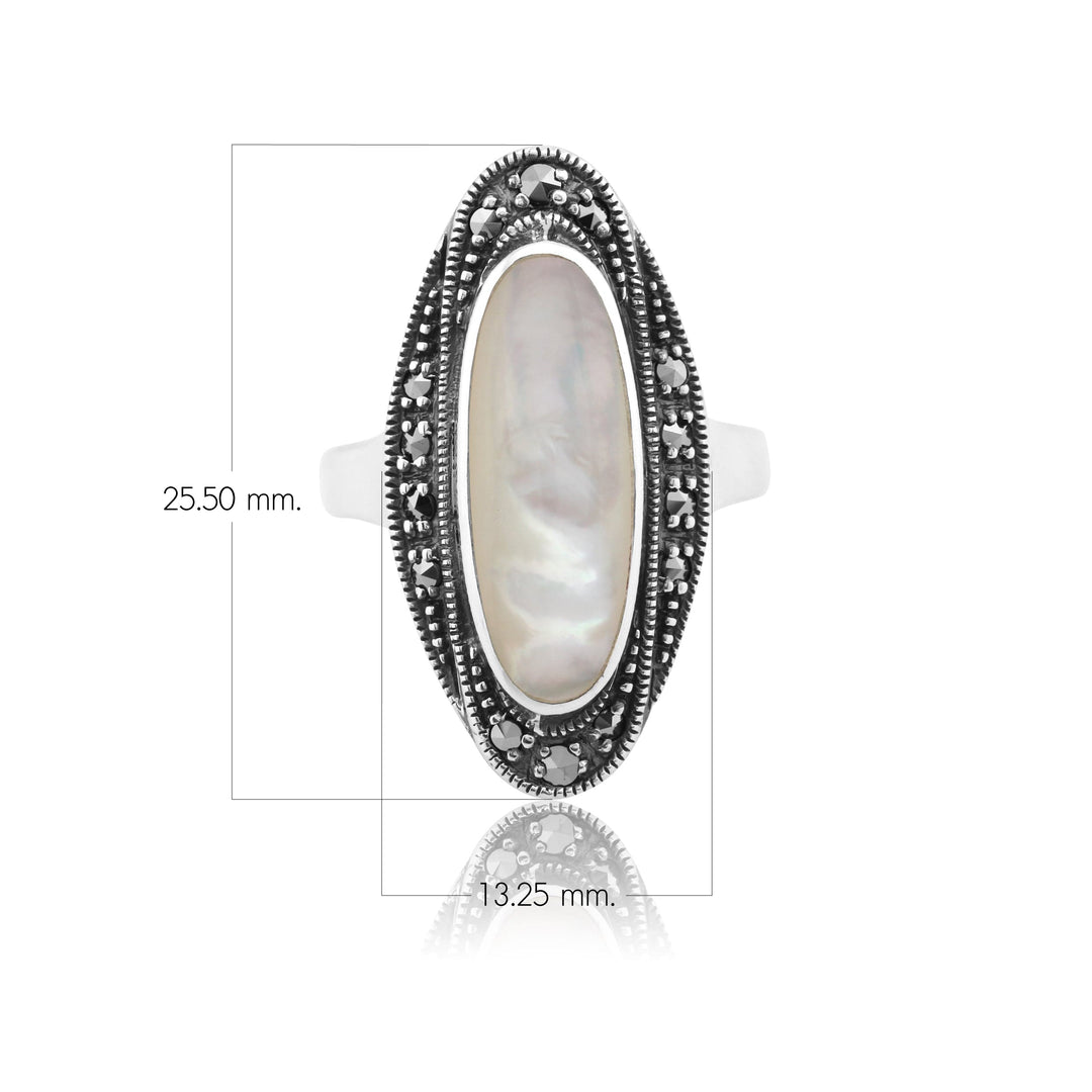 Art Deco Style Mother of Pearl Cabochon & Marcasite Ring in 925 Sterling Silver 