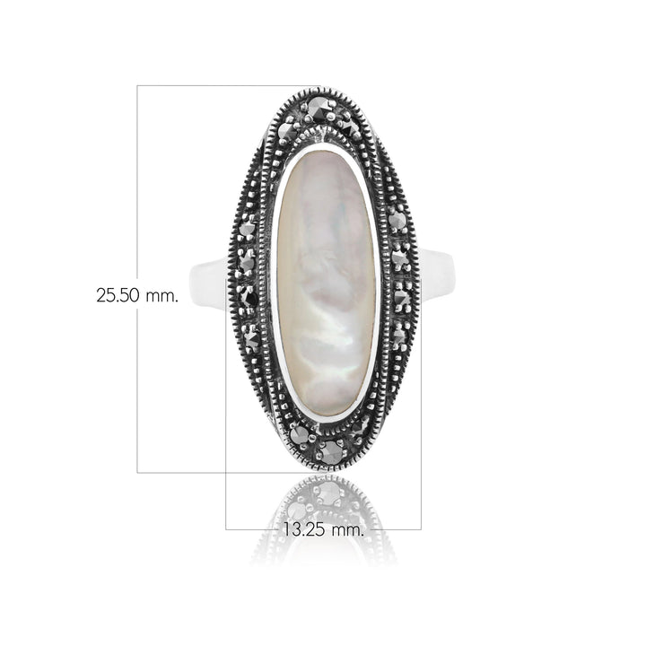 Art Deco Style Mother of Pearl Cabochon & Marcasite Ring in 925 Sterling Silver 