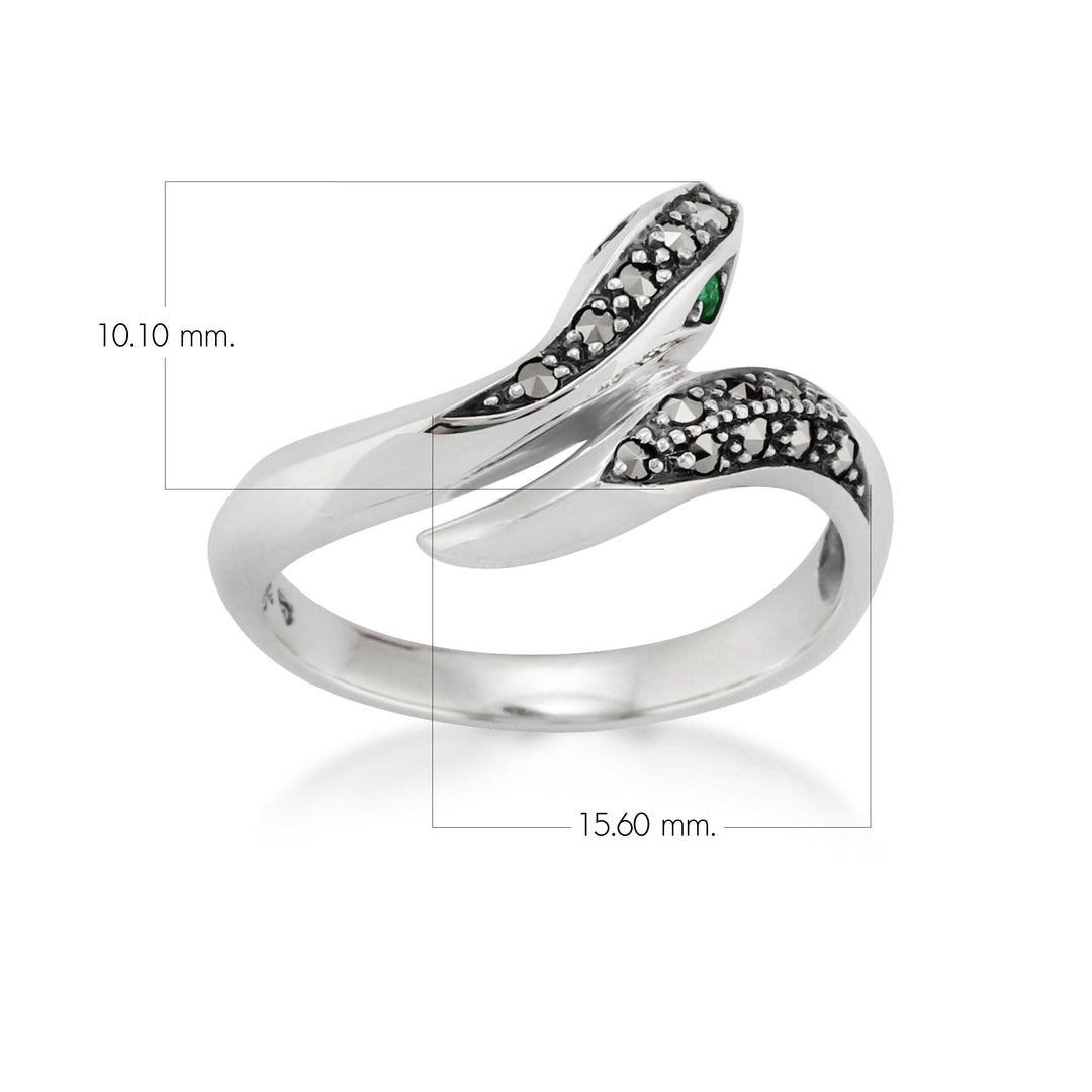 Art Nouveau Style Round Emerald & Marcasite Snake Ring in 925 Sterling Silver