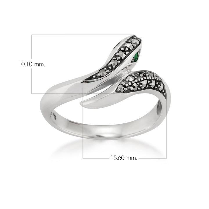 Art Nouveau Style Round Emerald & Marcasite Snake Ring in 925 Sterling Silver