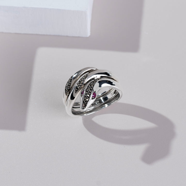 Art Nouveau Style Round Ruby & Marcasite Snake Ring in 925 Sterling Silver