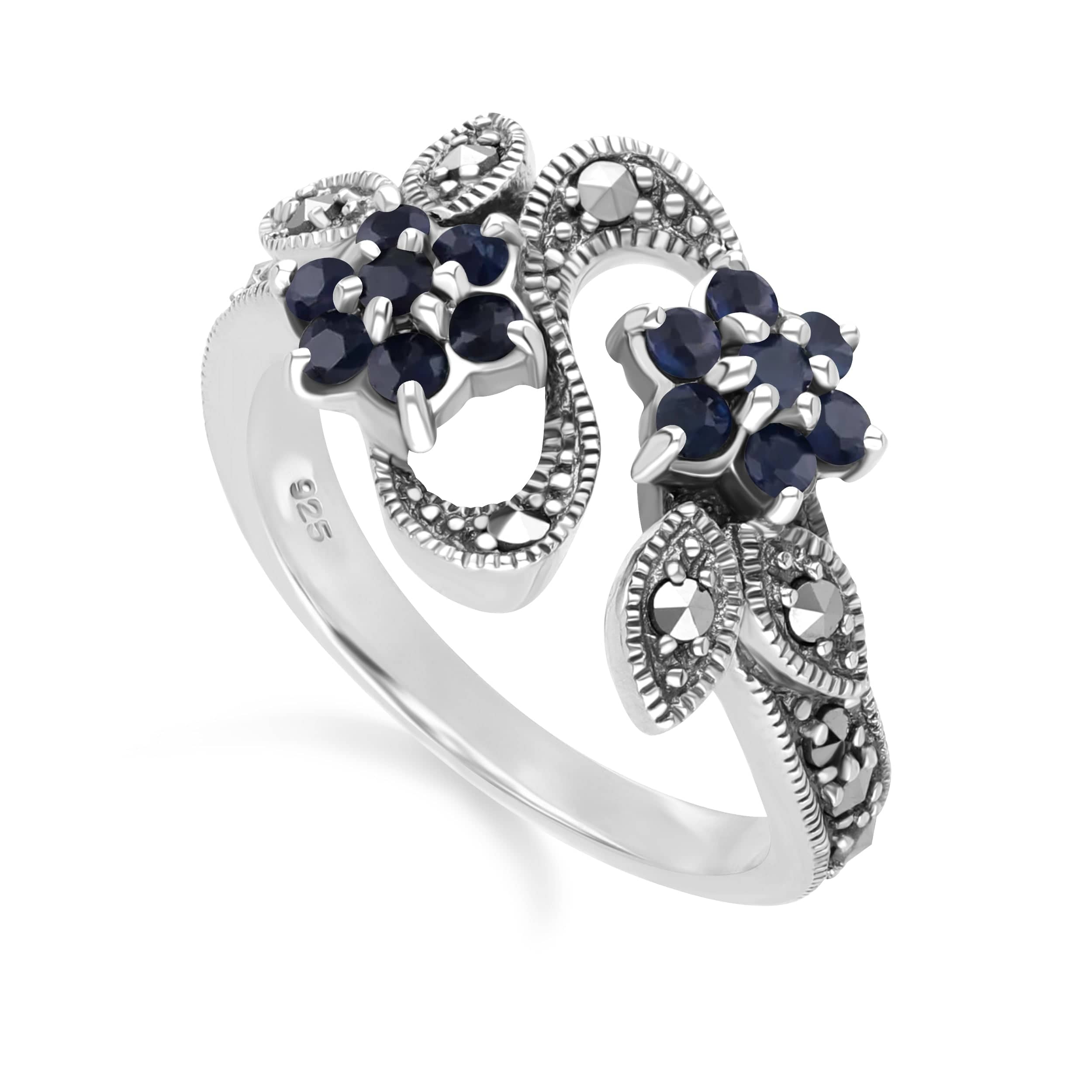 214R247404925 Art Nouveau Style Round Sapphire & Marcasite Flower Ring in 925 Sterling Silver 2