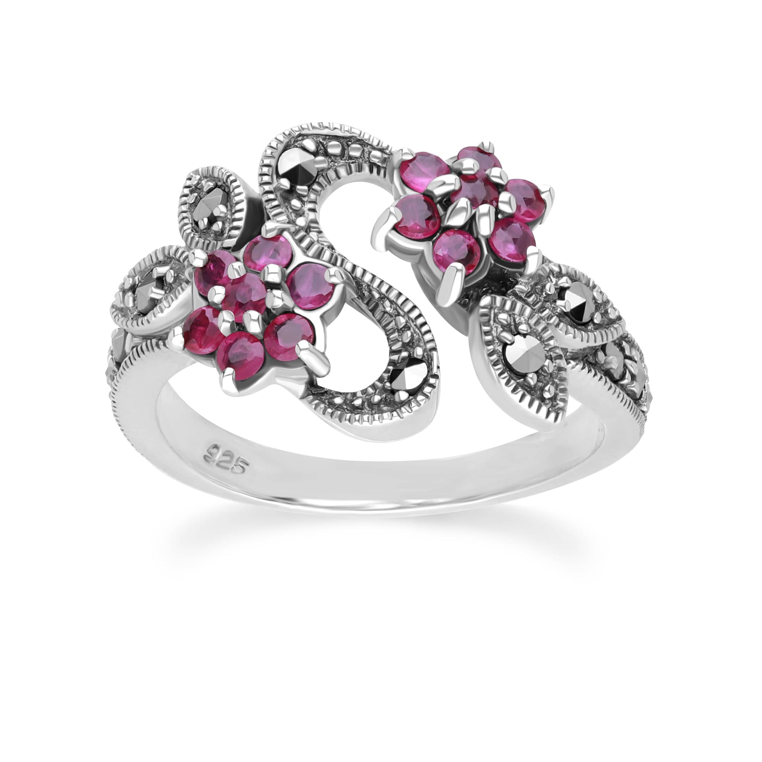 214R247401925 Art Nouveau Style Round Ruby & Marcasite Flower Ring in Sterling Silver 1