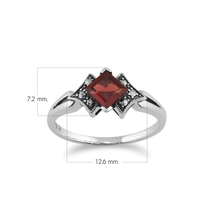 Art Deco Style Square Garnet & Marcasite Ring in 925 Sterling Silver