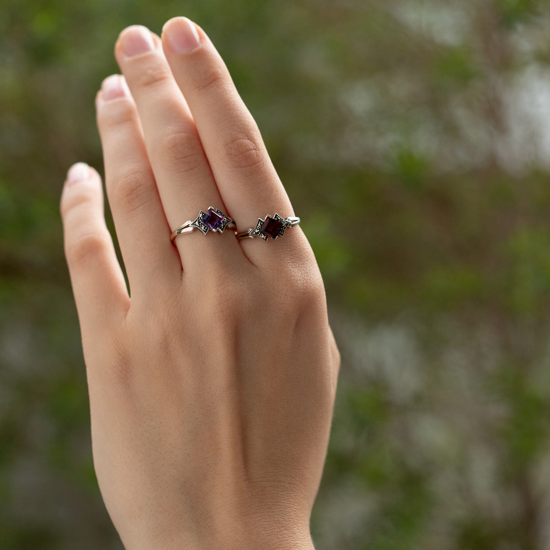 Art Deco Style Square Amethyst & Marcasite Ring in 925 Sterling Silver