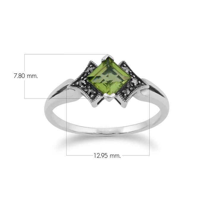 Art Deco Style Square Peridot & Marcasite Ring in 925 Sterling Silver