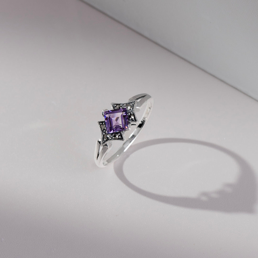 Art Deco Style Square Amethyst & Marcasite Ring in 925 Sterling Silver