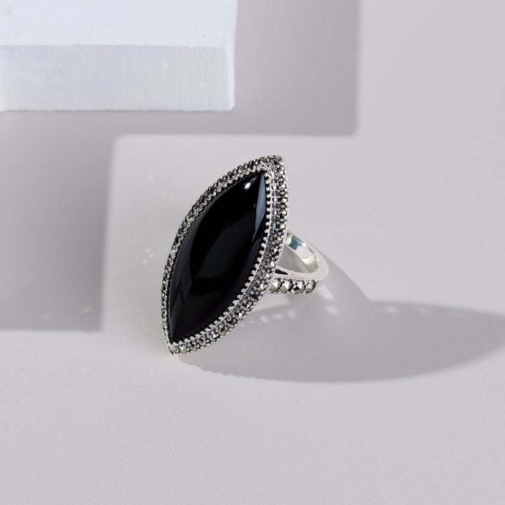 Art Deco Style Marquise Black Onyx & Marcasite Statement Ring in 925 Sterling Silver