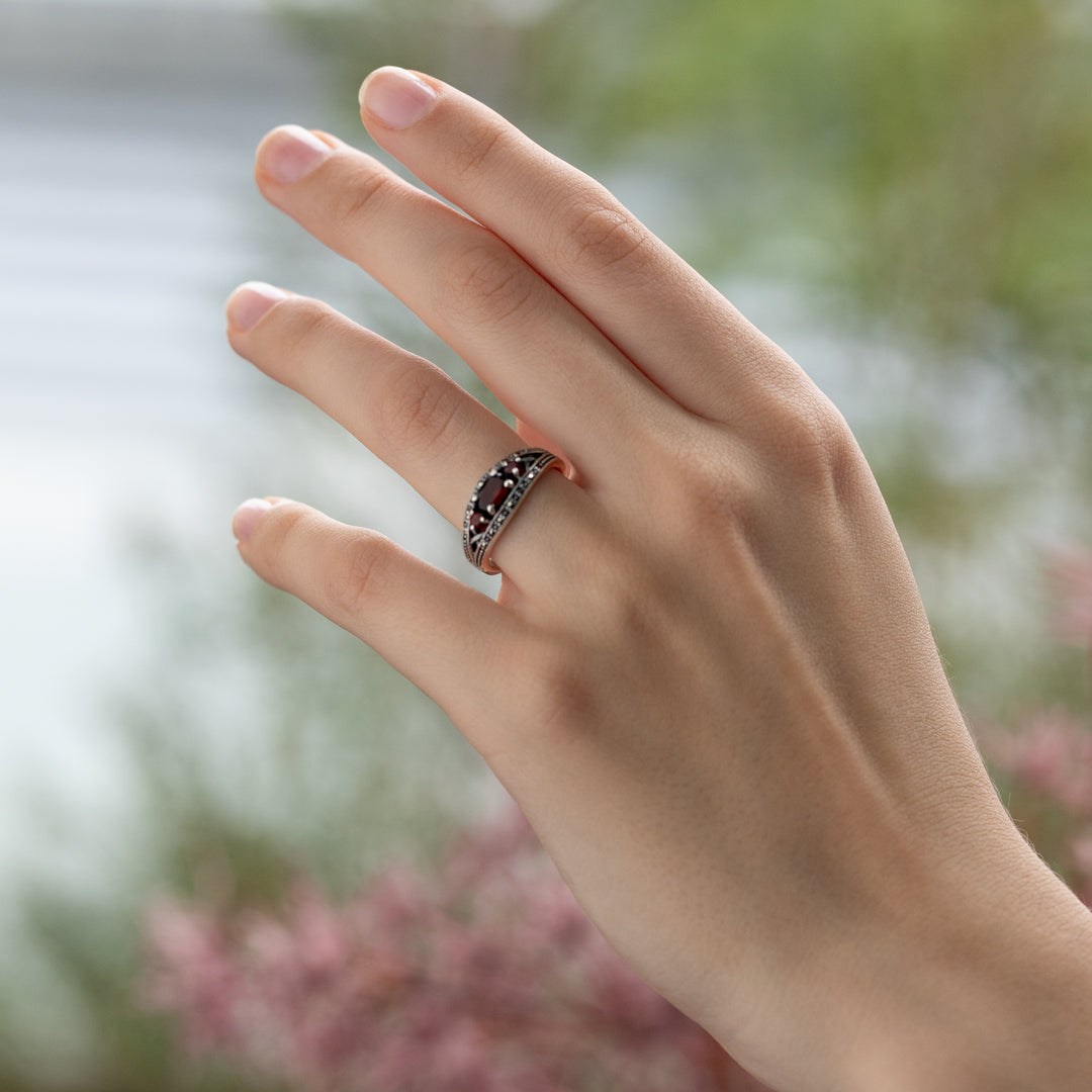 Art Deco Style Oval Garnet & Marcasite Three Stone Ring in 925 Sterling Silver