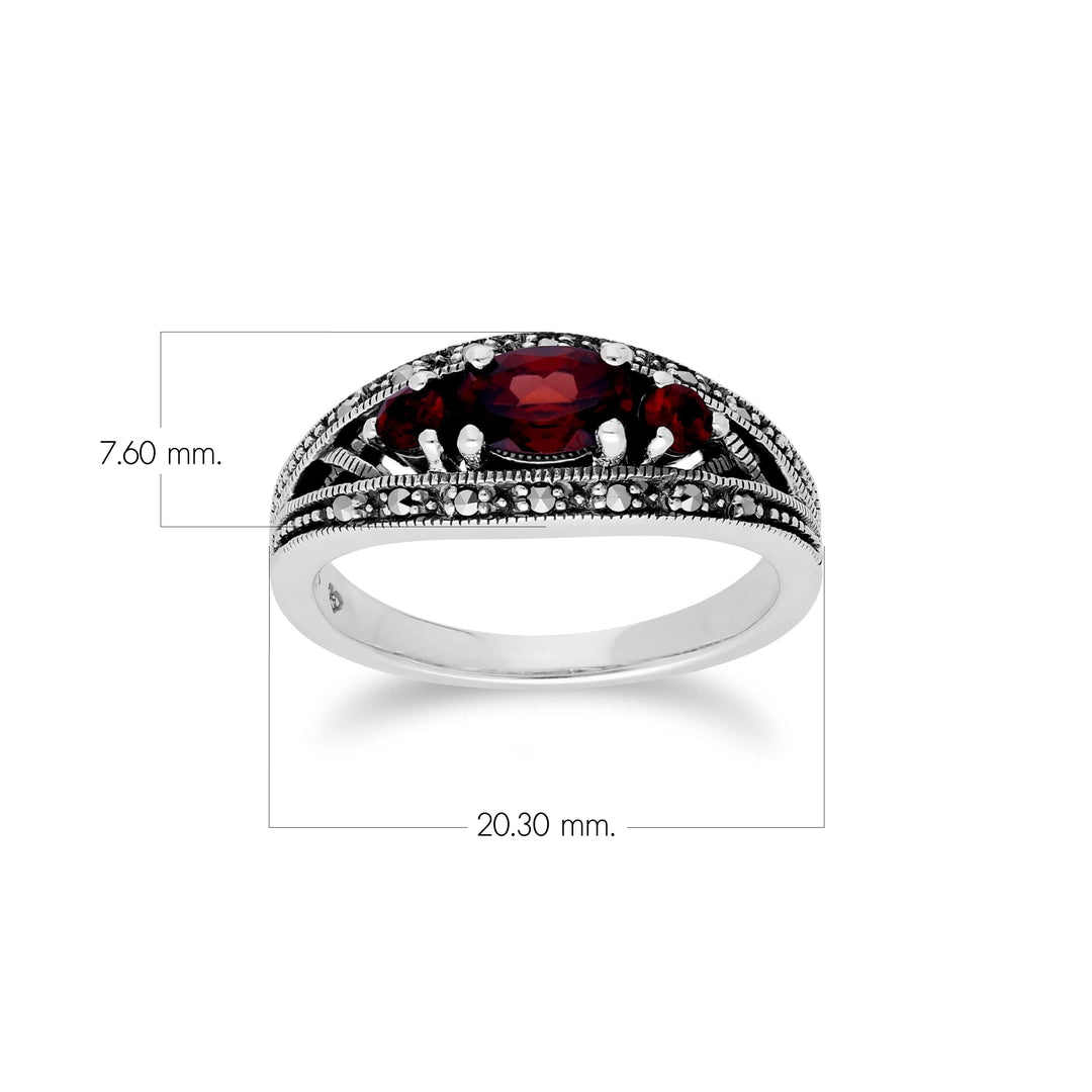 Art Deco Style Oval Garnet & Marcasite Three Stone Ring in 925 Sterling Silver