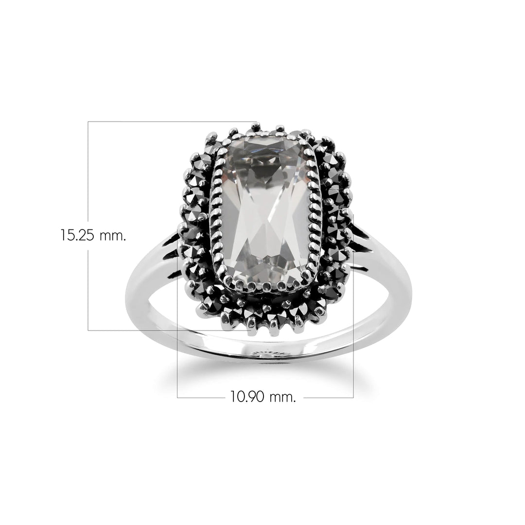 Art Deco Style Rock Crystal & Marcasite Halo Cluster Ring In Silver