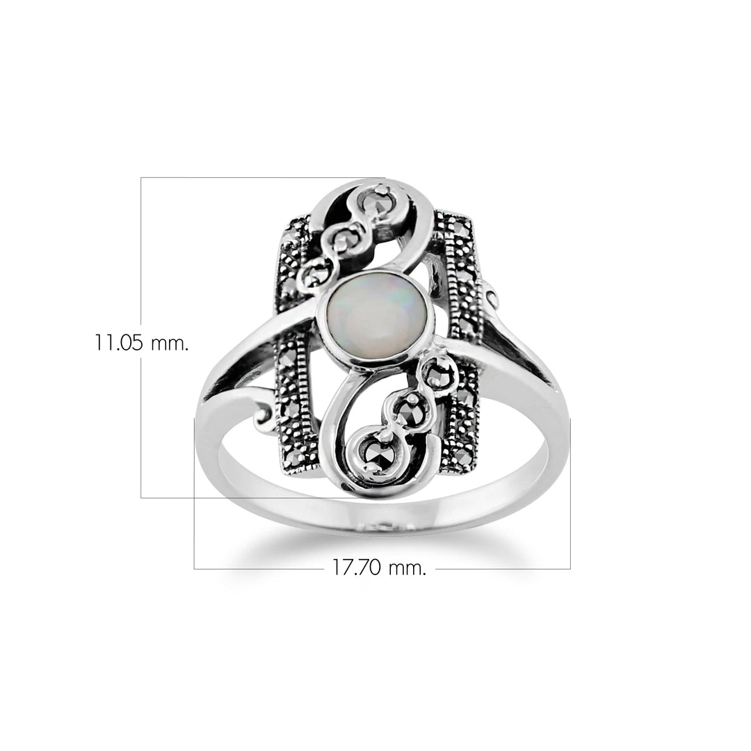Art Nouveau Style Round Opal & Marcasite Spiral Frame Silver Ring