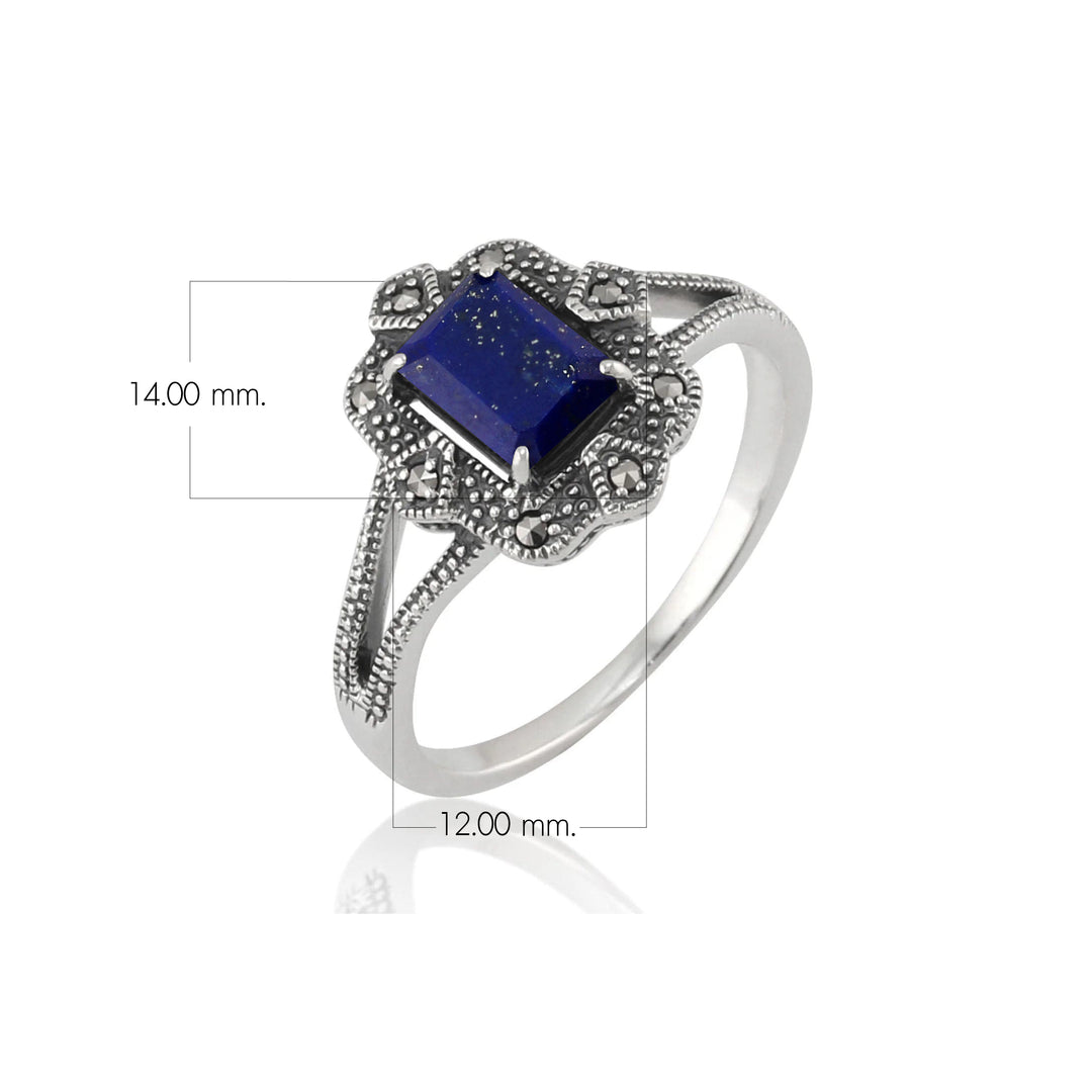 Art Deco Style Baguette Lapis Lazuli & Marcasite Ring in 925 Sterling Silver