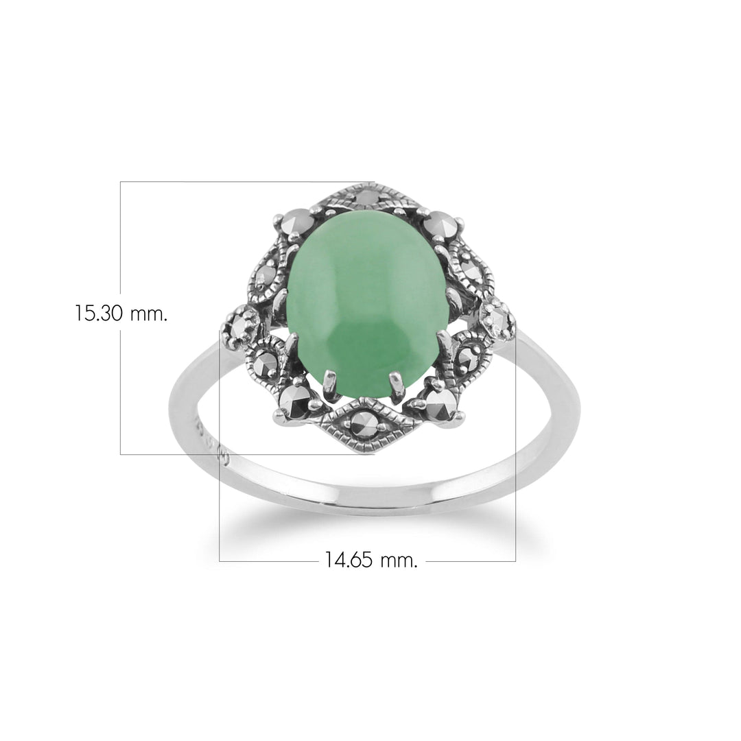 Art Nouveau Style Oval Green Jade Cabochon & Marcasite Statement Ring