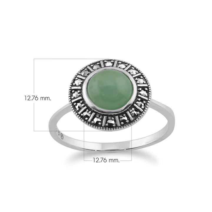 Art Deco Style Round Green Jade Cabochon & Marcasite Halo Ring in 925 Sterling Silver
