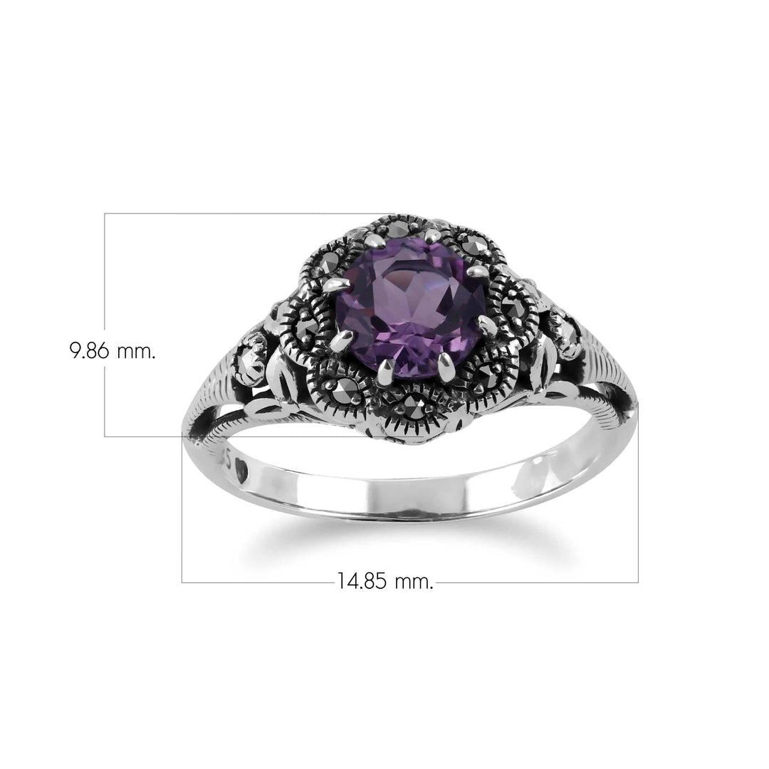Art Nouveau Style Round Amethyst & Marcasite Floral Ring in Sterling Silver