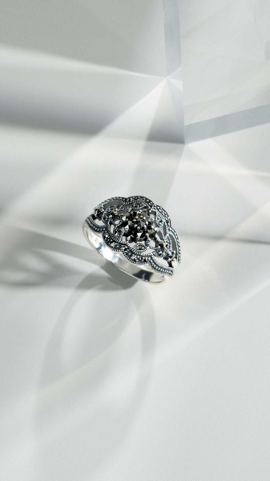 Art Nouveau Style Round Marcasite Cluster Ring in 925 Sterling Silver