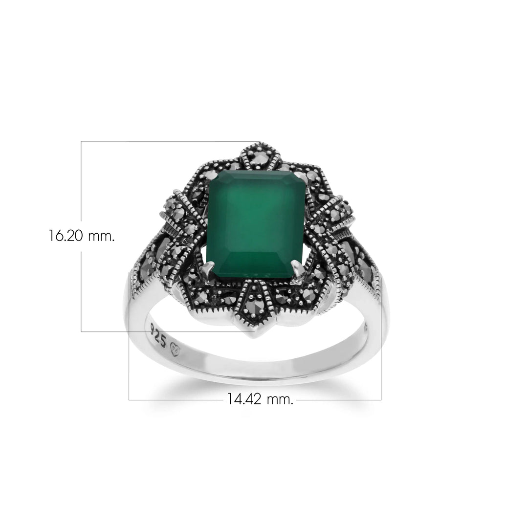 Art Deco Style Baguette Green Chalcedony & Marcasite Ring in 925 Sterling Silver