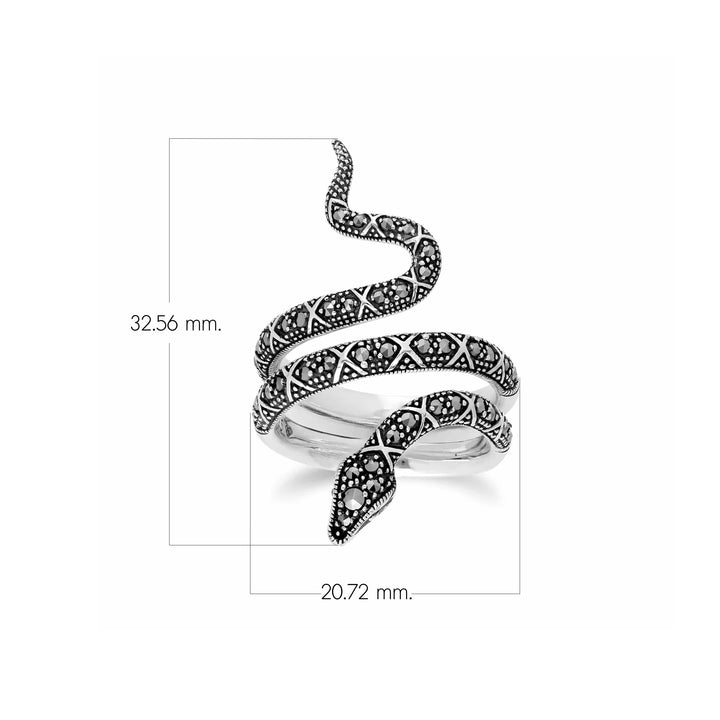 Art Nouveau Style Round Marcasite Snake Statement Ring in 925 Sterling Silver