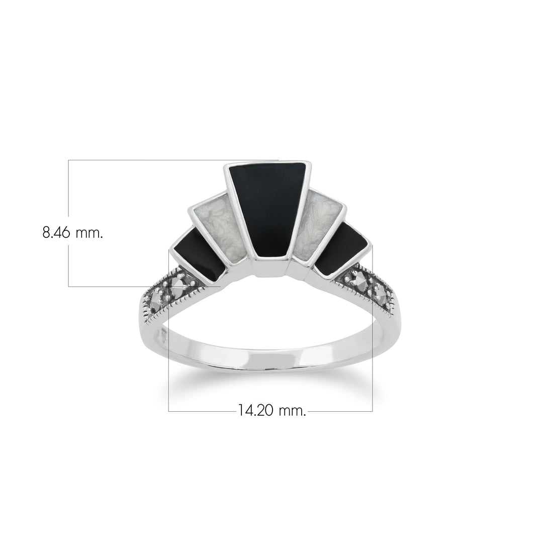 Art Deco Style Marcasite & Black and White Enamel Gradient Fan Ring in 925 Sterling Silver
