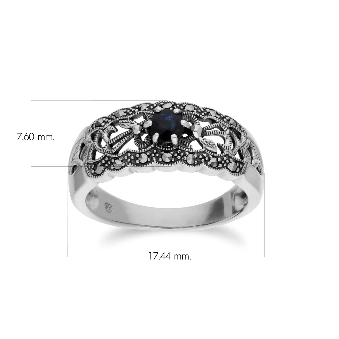 Art Nouveau Style Round Sapphire & Marcasite Floral Band Ring in Sterling Silver