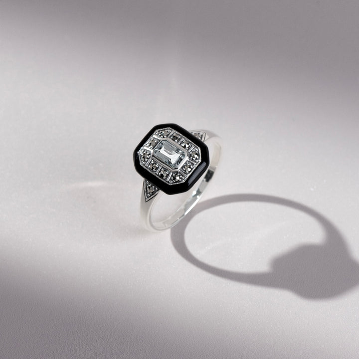 Art Deco Inspired White Topaz, Enamel & Marcasite Square Ring