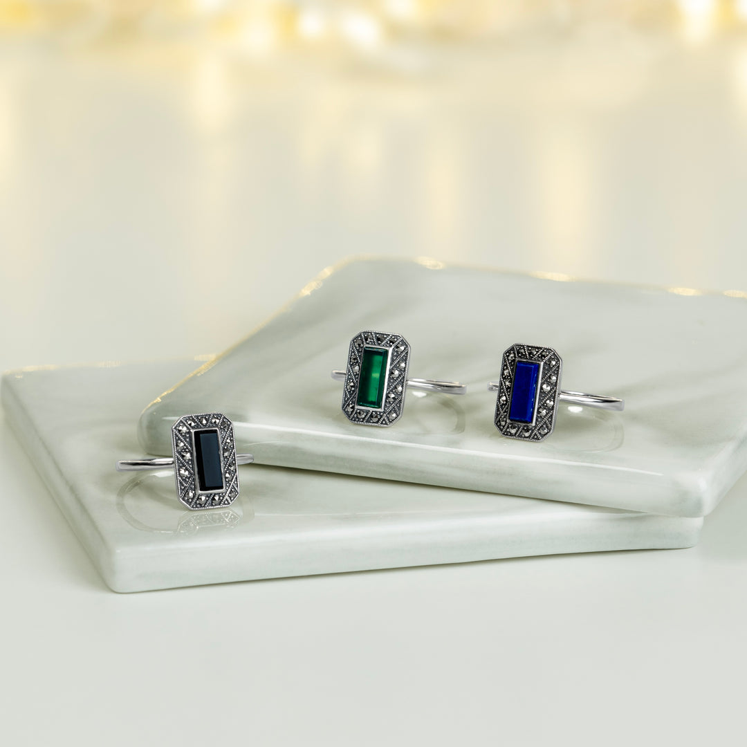 Art Deco Style Rectangle Onyx and Marcasite Ring in Sterling Silver