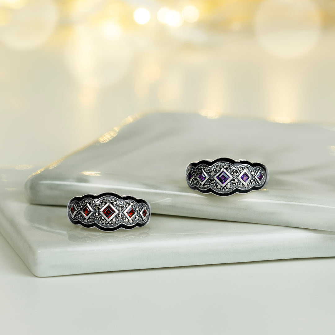 Art Deco Style Square Amethyst Five Stone and Marcasite Ring in Sterling Silver