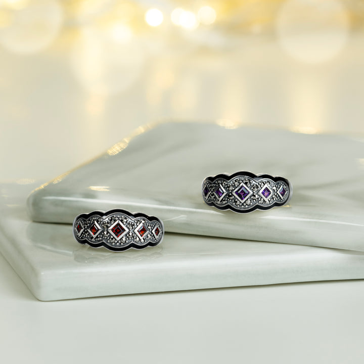 Art Deco Style Square Amethyst Five Stone and Marcasite Ring in Sterling Silver