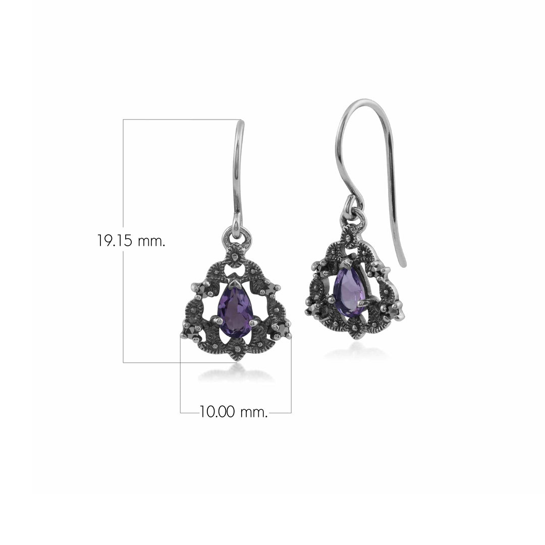 Art Nouveau Style Pear Amethyst & Marcasite Garland Drop Earrings in 925 Sterling Silver