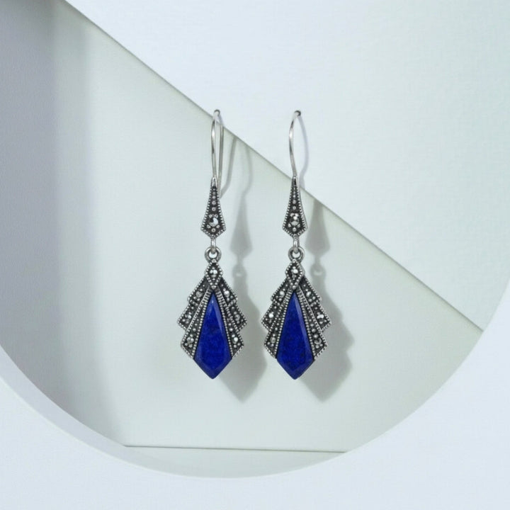 Art Deco Style Diamond Lapis Lazuli & Marcasite Drop Earrings in 925 Sterling Silver