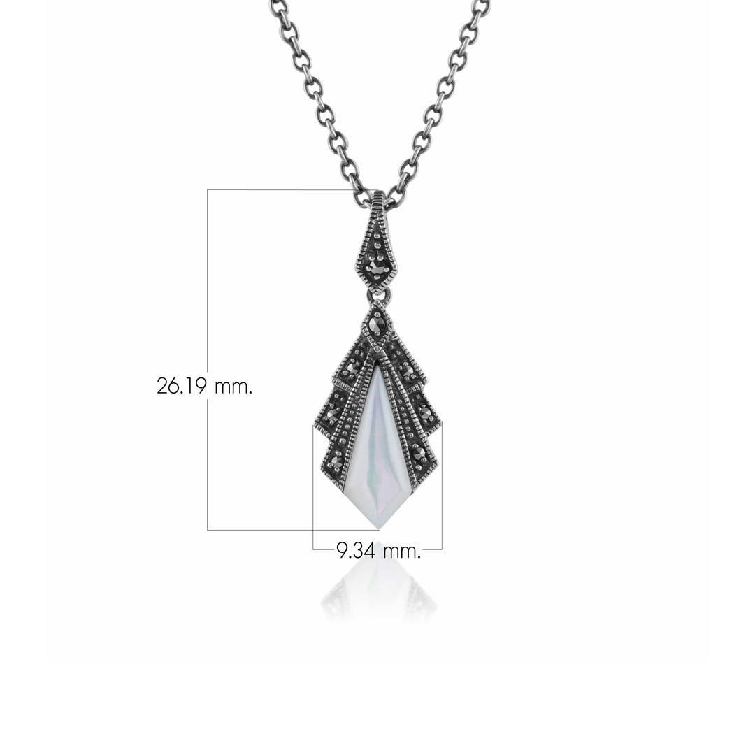 Art Deco Style Mother of Pearl & Marcasite Pendant in 925 Sterling Silver