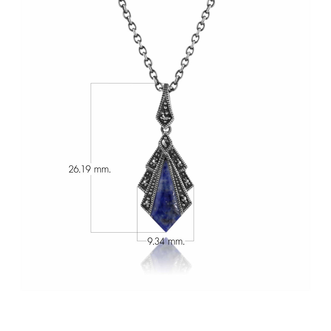 Art Deco Style Lapis Lazuli & Marcasite Pendant in 925 Sterling Silver