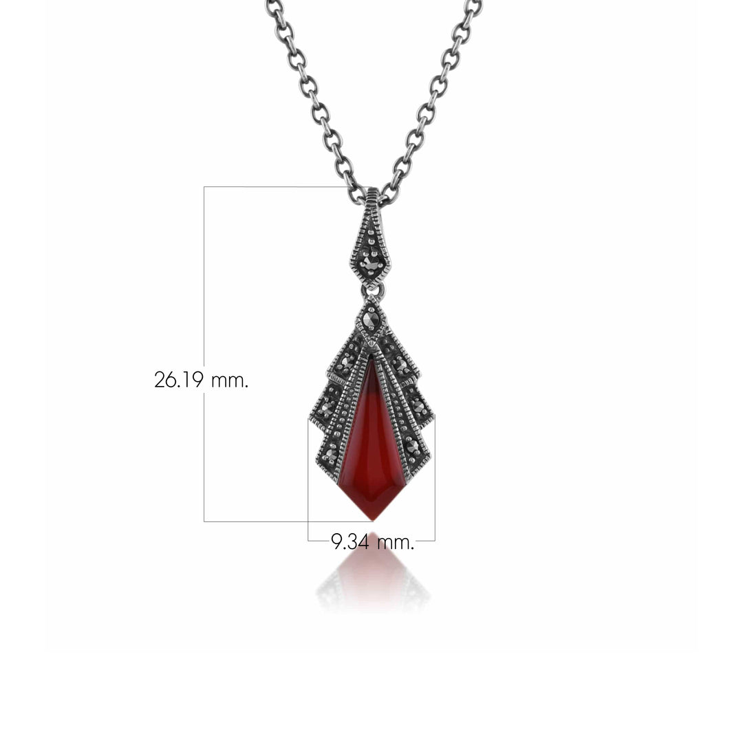 Art Deco Style Carnelian & Marcasite Pendant in 925 Sterling Silver