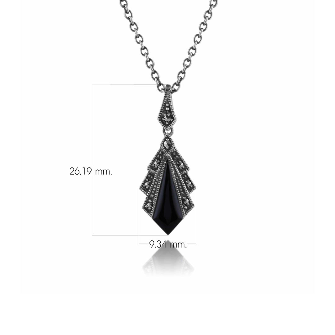 Art Deco Style Black Onyx & Marcasite Pendant in 925 Sterling Silver