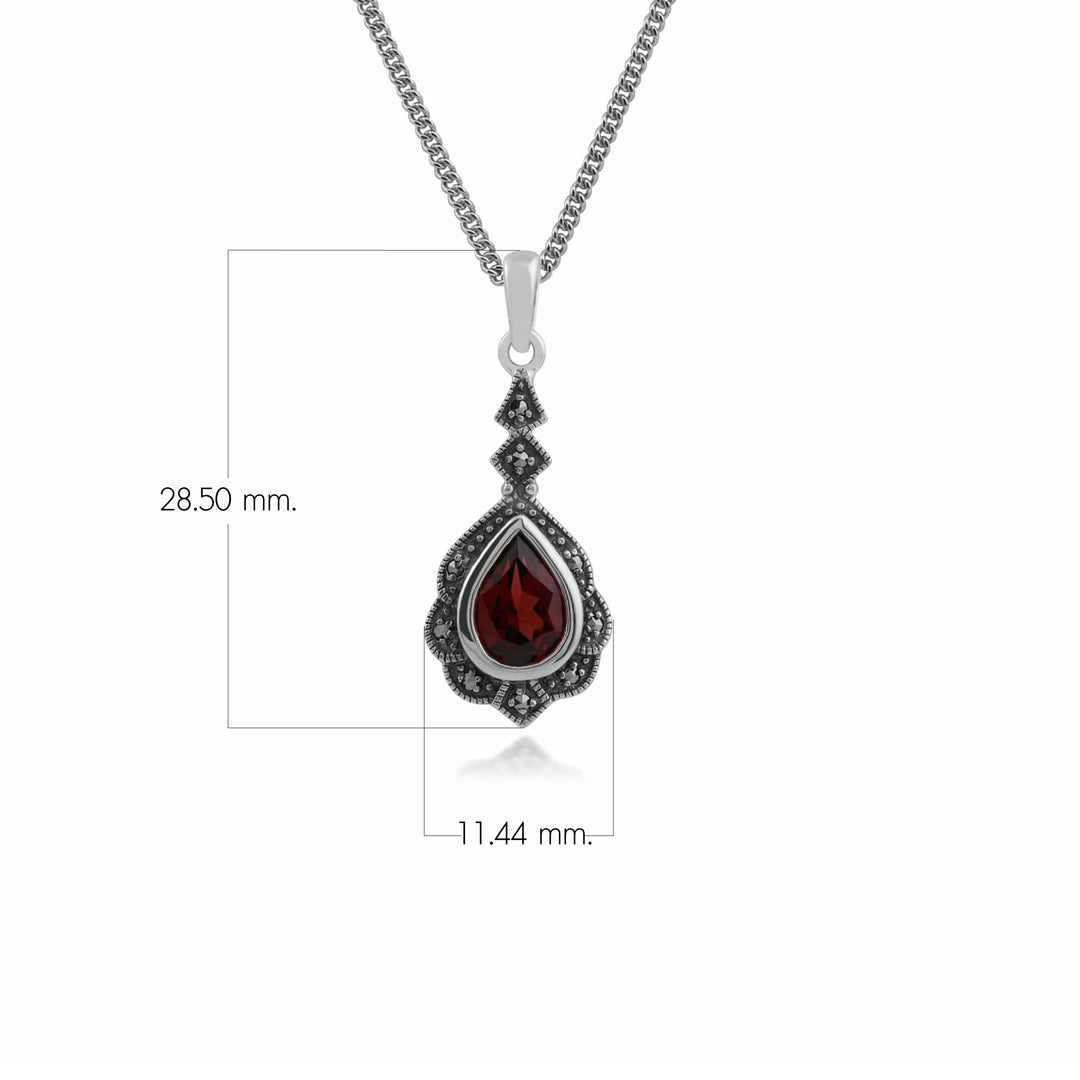 Art Nouveau Style Pear Garnet & Marcasite Leaf Pendant in 925 Sterling Silver