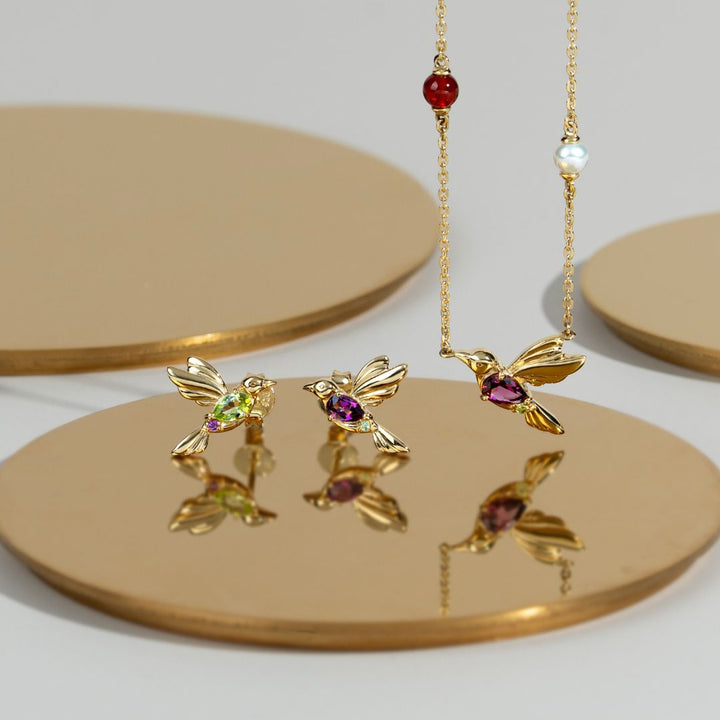 ECFEW™ Creator Rhodolite, Peridot, Malachite & Dyed Carnelian Hummingbird Necklace in Gold Plated Sterling Silver