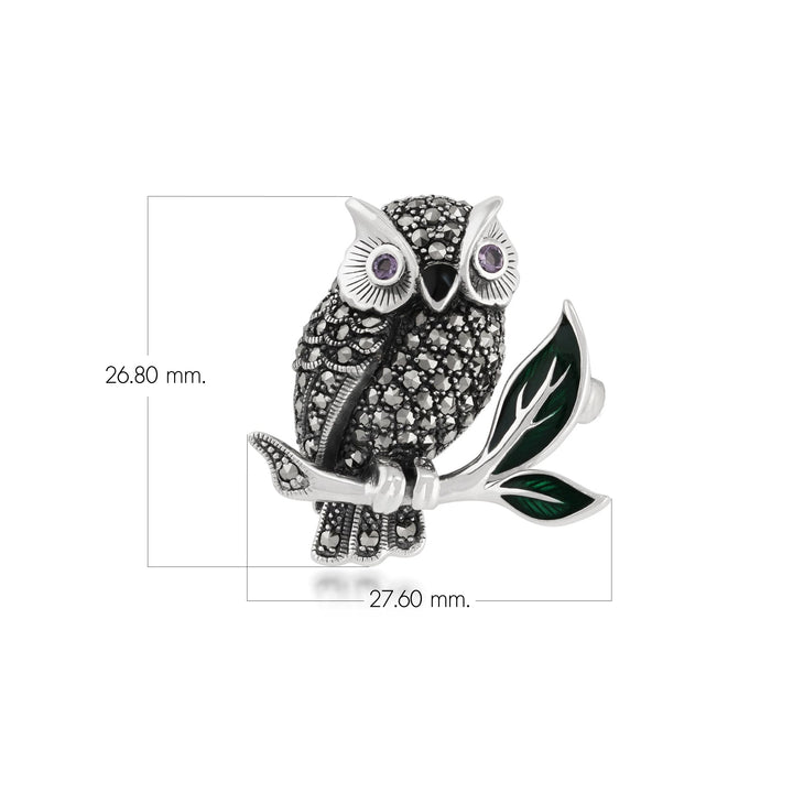 Art Nouveau Style Marcasite, Amethyst & Enamel Owl Brooch in  Sterling Silver