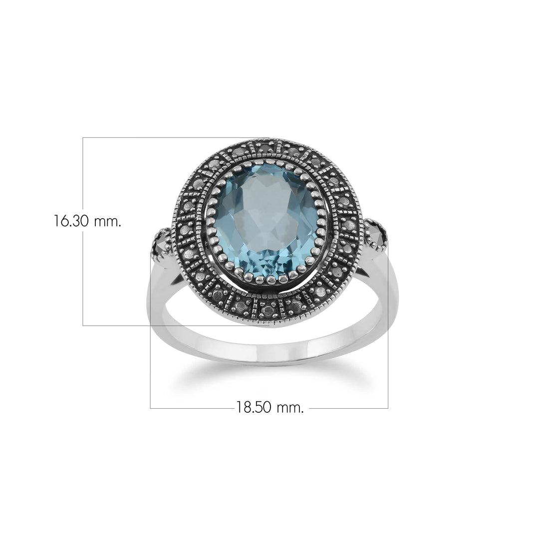 Art Deco Style Oval Blue Topaz & Marcasite Statement Cocktail Ring In Sterling Silver