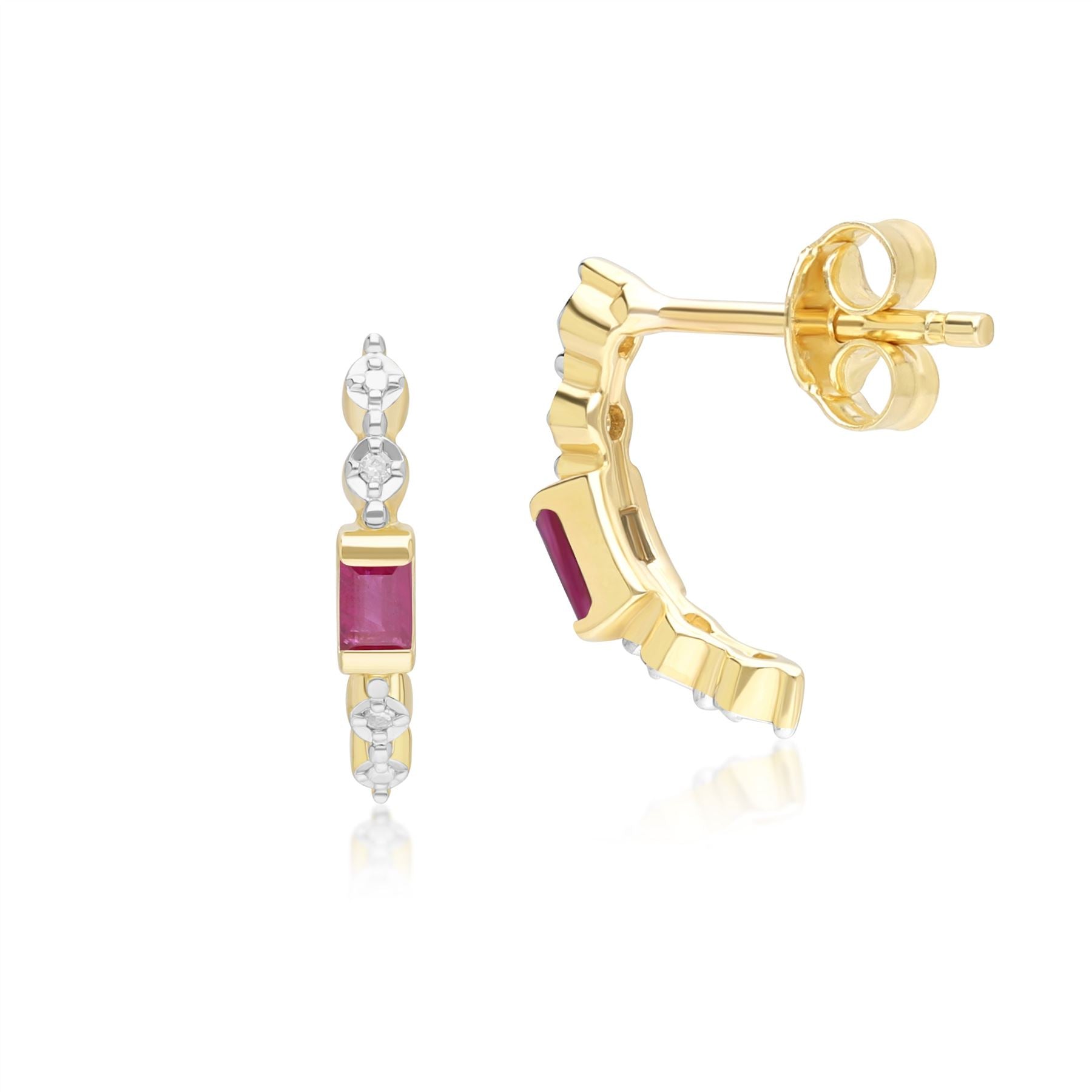 Classic Baguette Ruby & Diamond Half Eternity Hoop Earrings in 9ct Yellow Gold